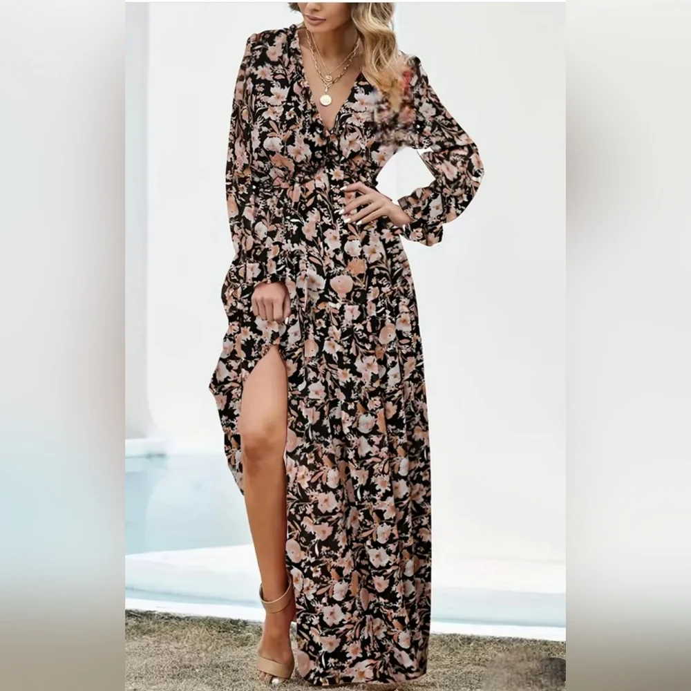 Floral Black & Tan Dress - Picture 2 of 7